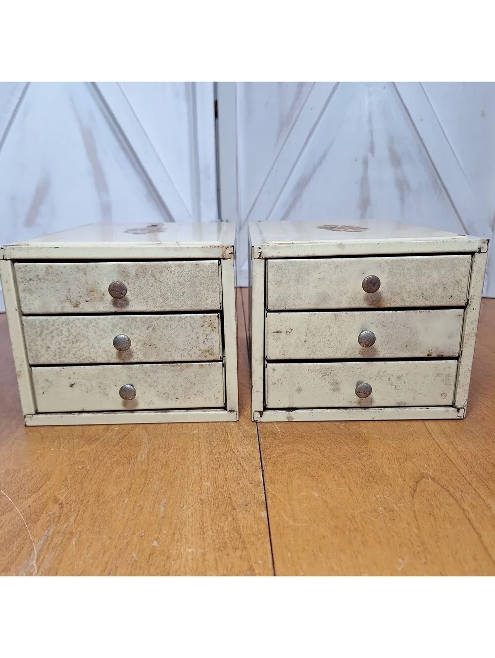 2 VTG Metal 3 Drawer Jewelry/Craft Storage Caddies w/Floral Motif S Brass Knobs.